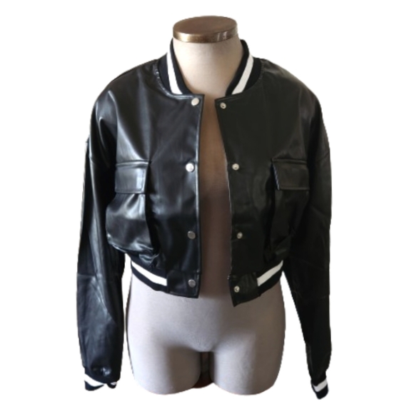 AQ SPORT ☆ CROPPED VARSITY STYLE ☆ FAUX LEATHER JACKET ☆ NWT - Picture 4 of 10